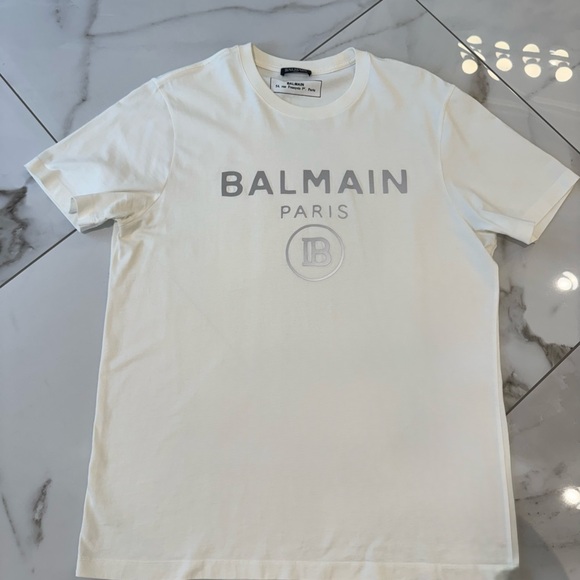 Balmain White Short Sleeve Logo Tee with Gray Print